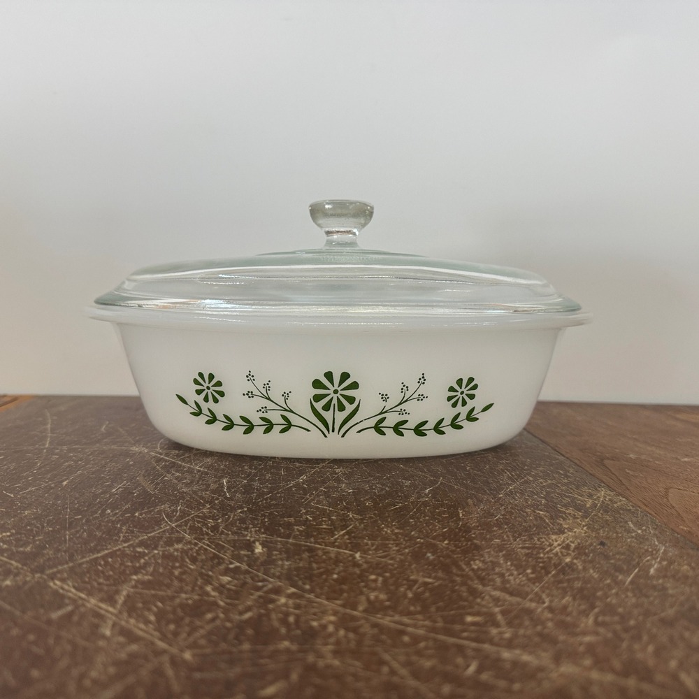 Vintage Glasbake Green Floral Milk Glass Oval Casserole Baking‎ Dish w/ Lid